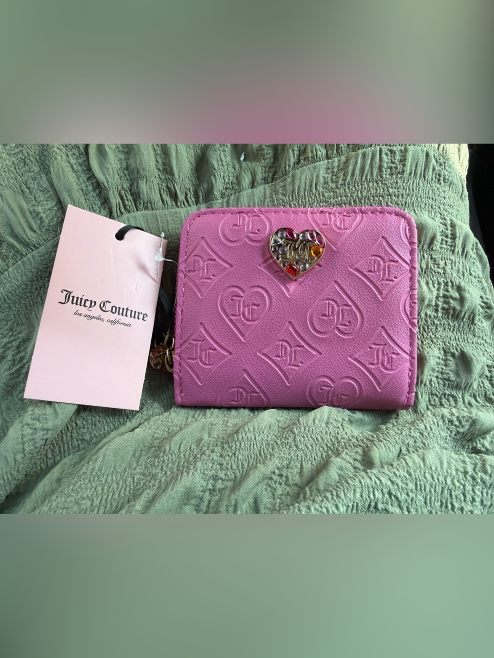 Juicy Couture Pink Embossed Heart Zip Card Holder with Jewel Accent